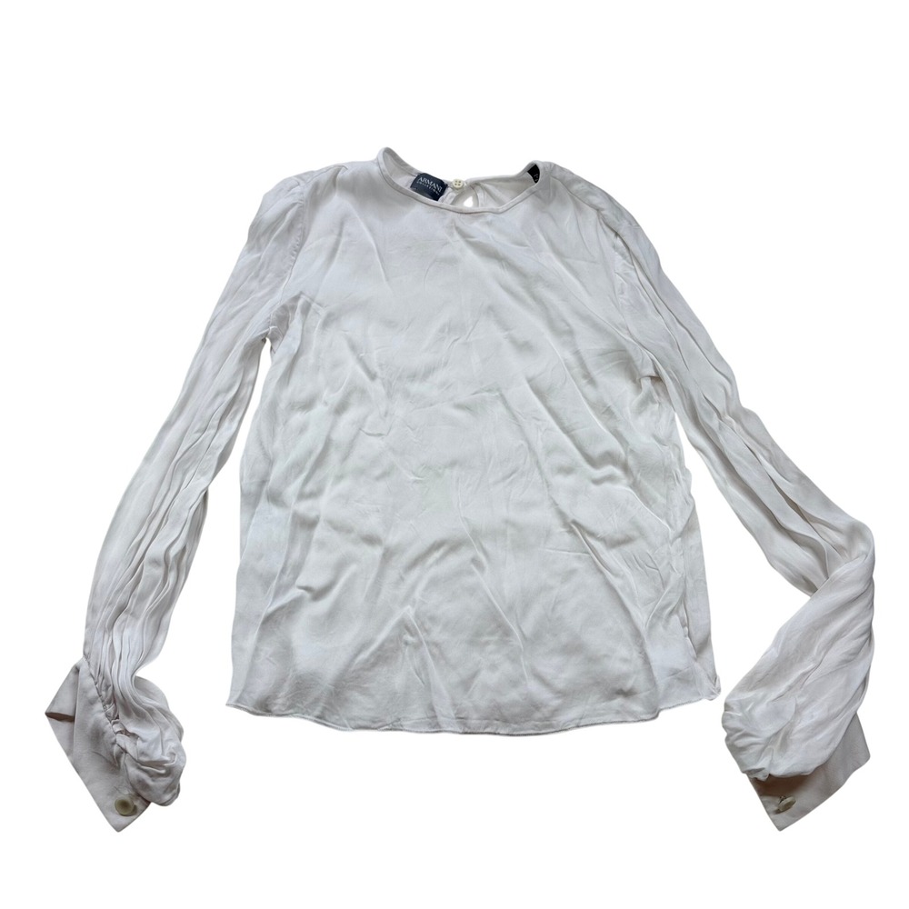 Armani Collezioni White Viscose Mulberry Silk Pleated Sleeve Blouse M